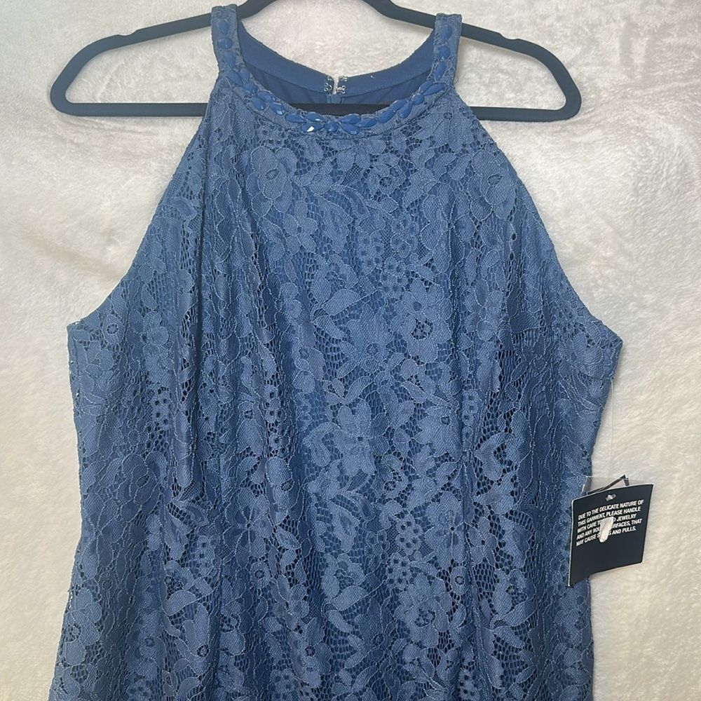 Blue Jeweled Collar NWT Nine West Blue Lace Cocktail Dress size 16